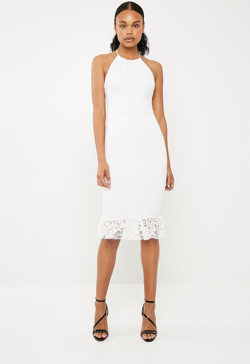 Missguided - Scuba 90s neck lace frill midi dress - white