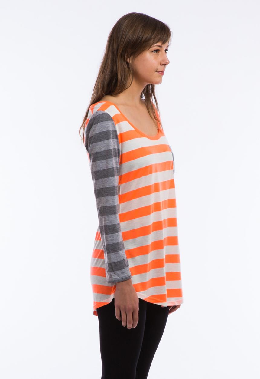 Big Blowout Sale - Contrast Stripe Tee – Orange & Grey