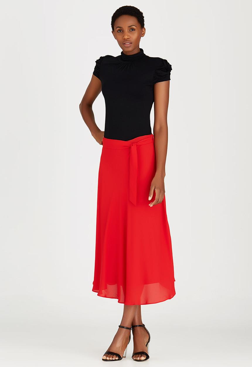 edit - Lined Flared Skirt with Self-tie Belt Red