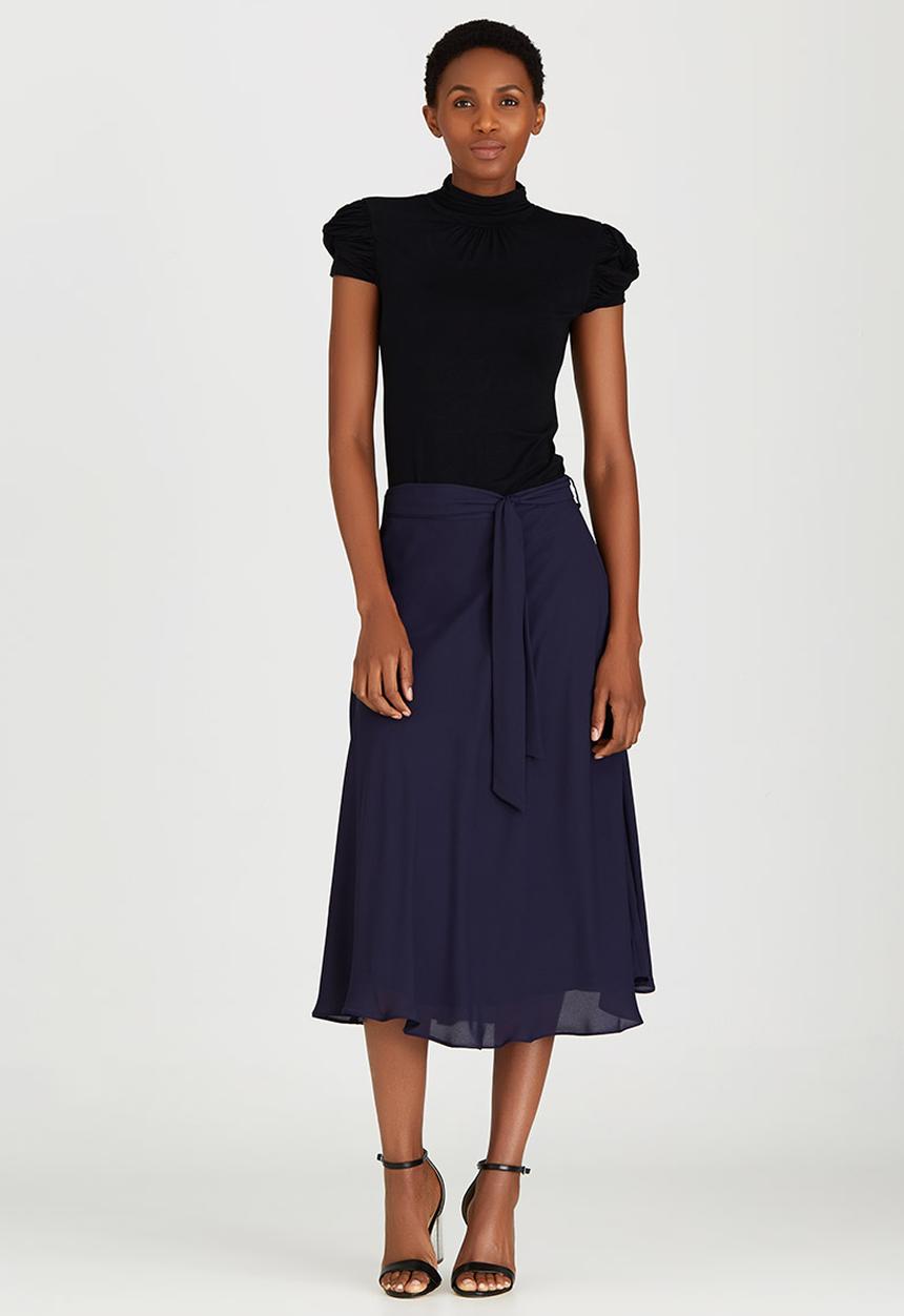 edit - Lined Flared Skirt with Self-tie Belt Navy