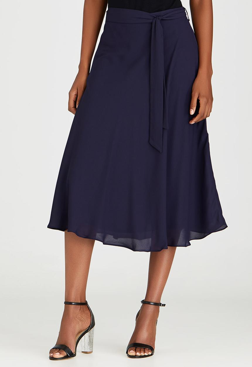 edit - Lined Flared Skirt with Self-tie Belt Navy