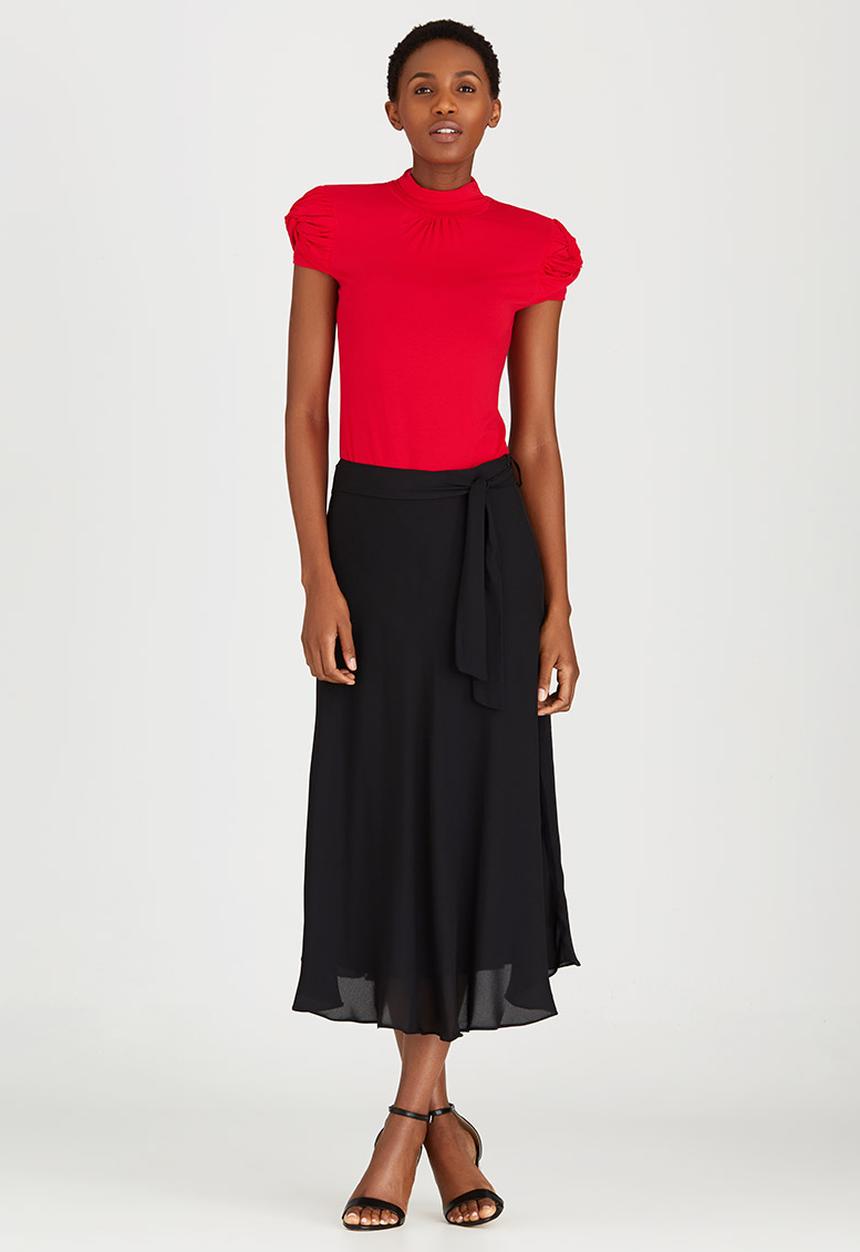 edit - Lined Flared Skirt with Self-tie Belt Black