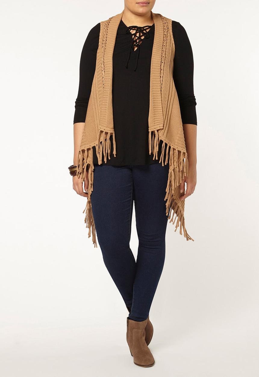 EVANS - Cable Fringed Waistcoat Camel