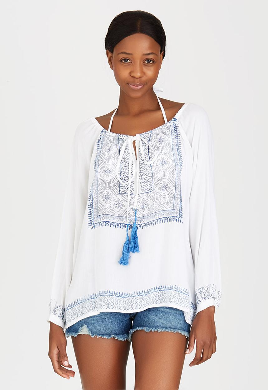 London Hub - Peasant Blouse with Keyhole Detail Blue and White