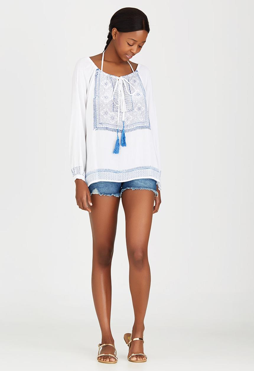 London Hub - Peasant Blouse with Keyhole Detail Blue and White