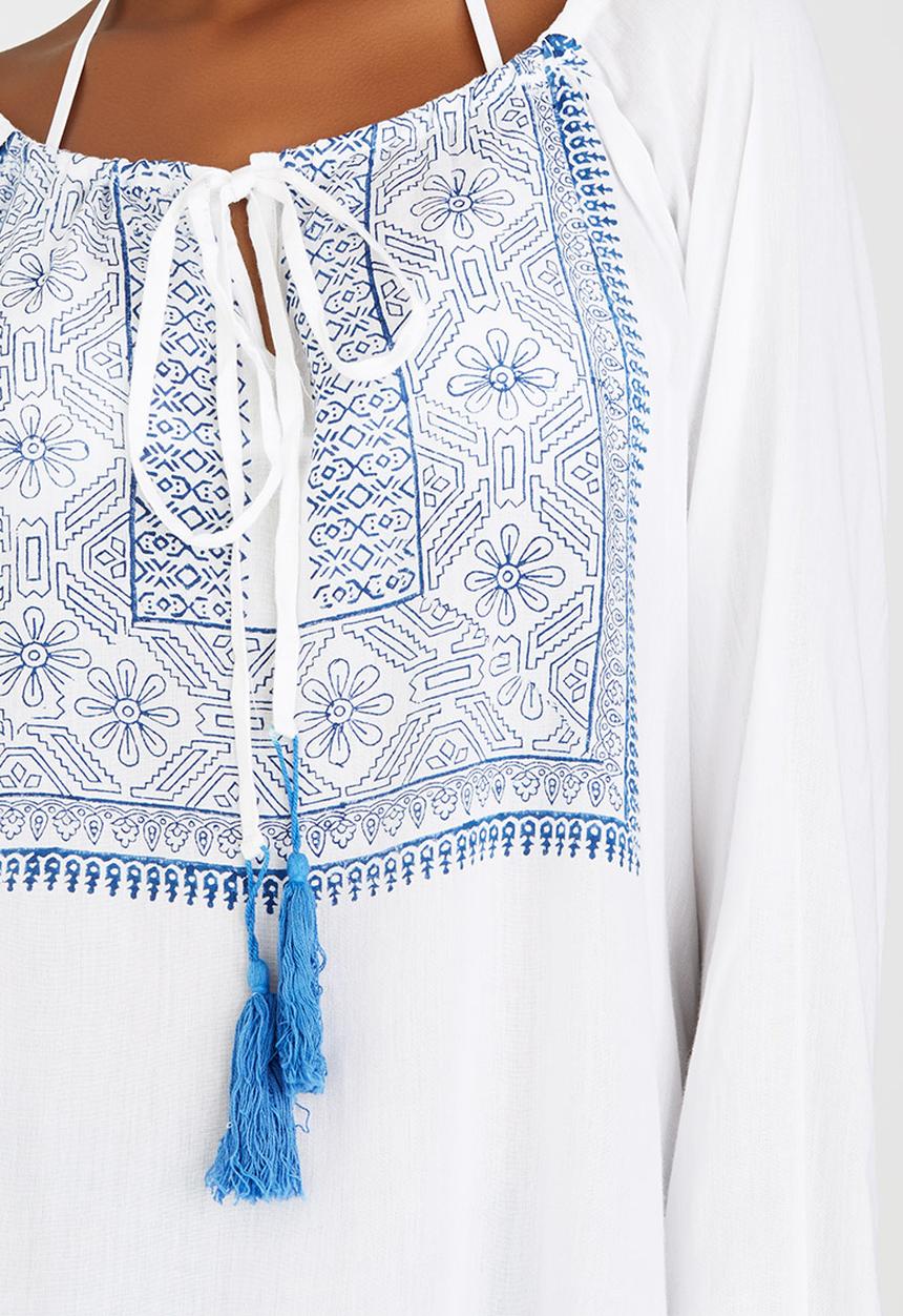 London Hub - Peasant Blouse with Keyhole Detail Blue and White