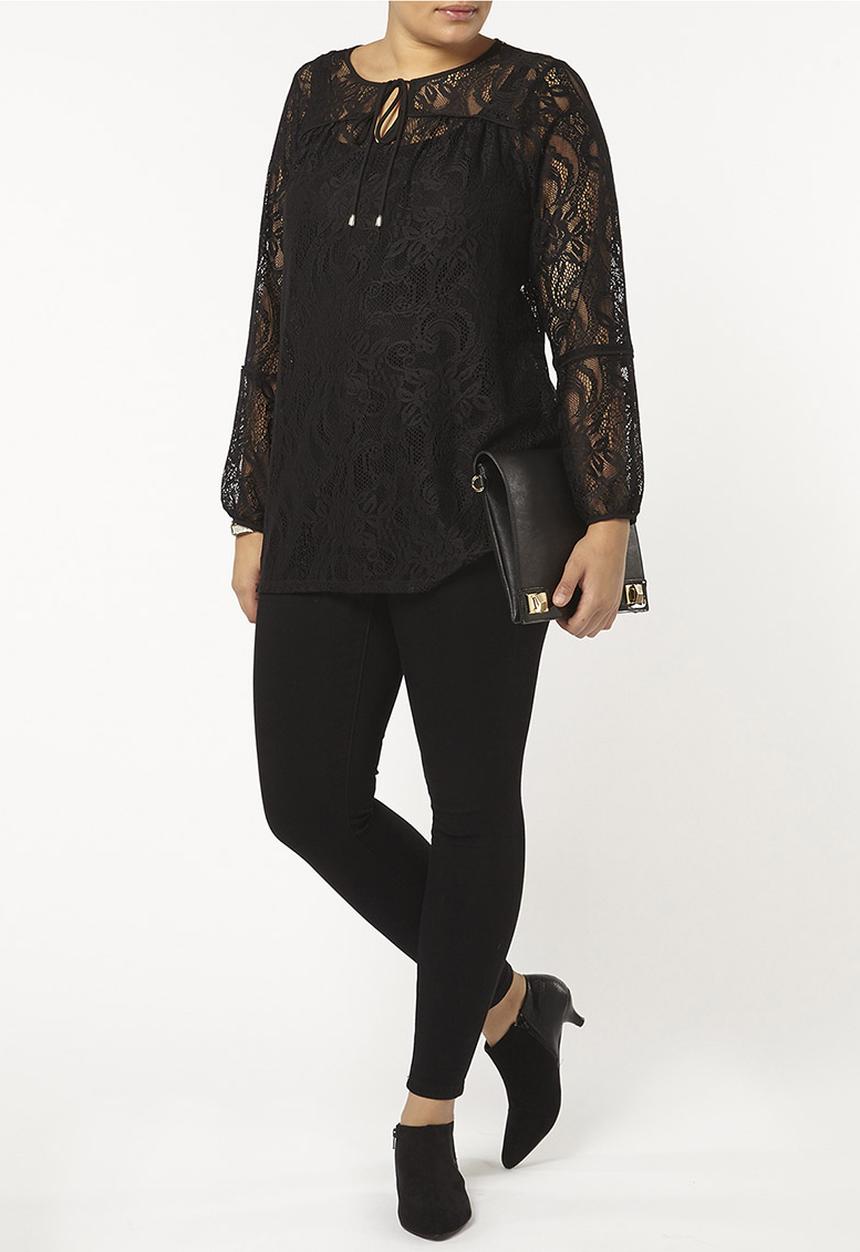 EVANS - Lace Tie Neck Top Black