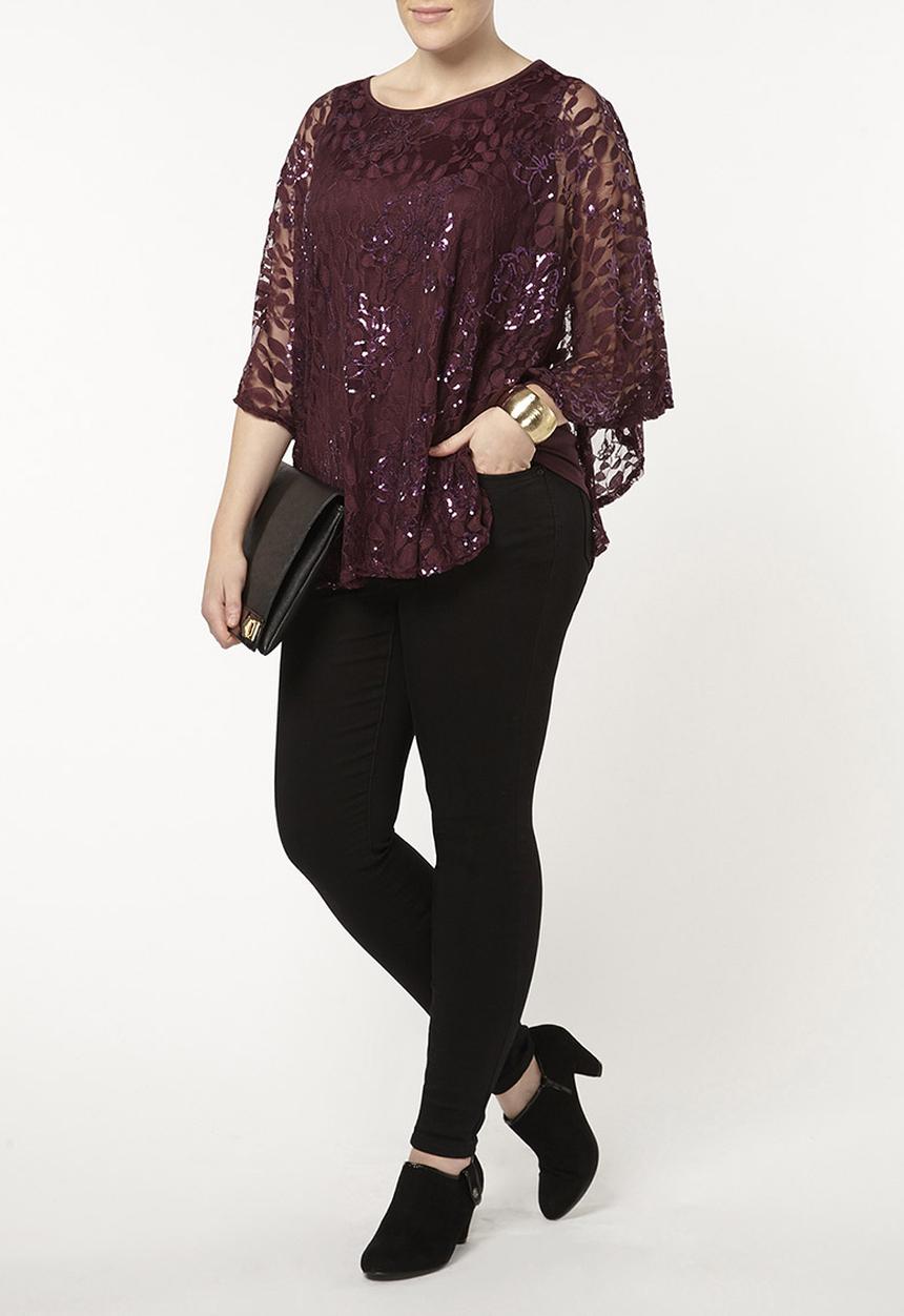 EVANS - Lace Poncho Blouse Mid Purple