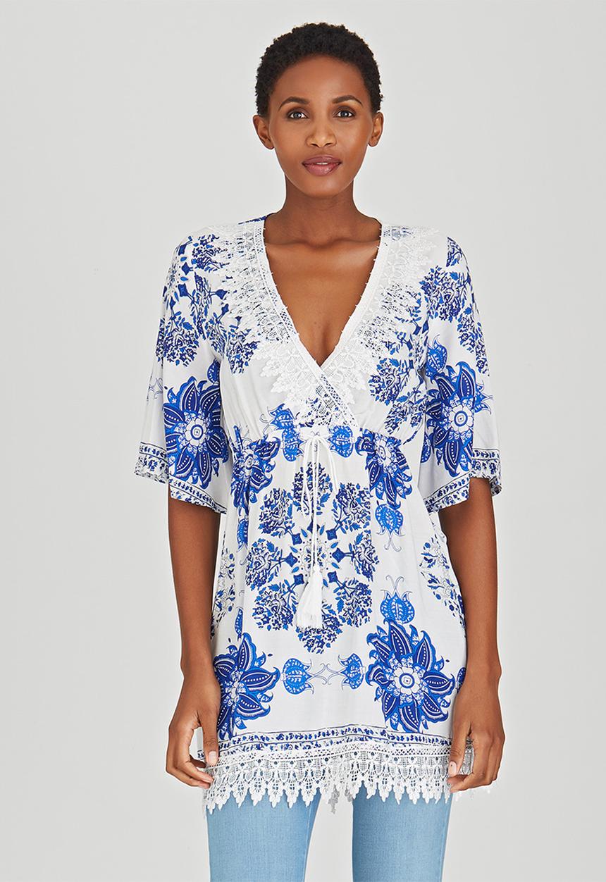 Revenge - Patterned Tunic Top Blue and White