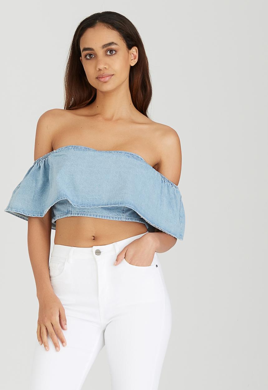 BoohooDNU - Denim Ruffle Off The Shoulder Top Blue