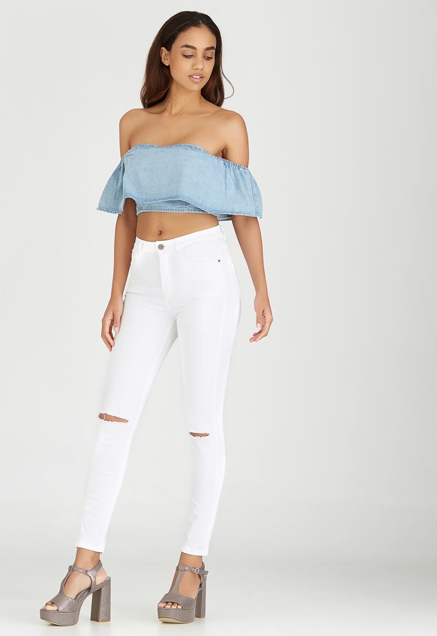 BoohooDNU - Denim Ruffle Off The Shoulder Top Blue