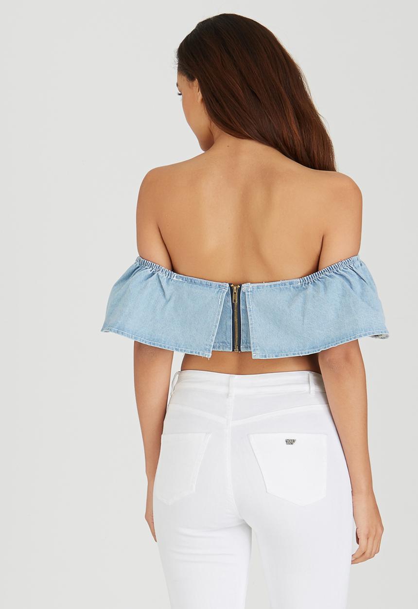 BoohooDNU - Denim Ruffle Off The Shoulder Top Blue