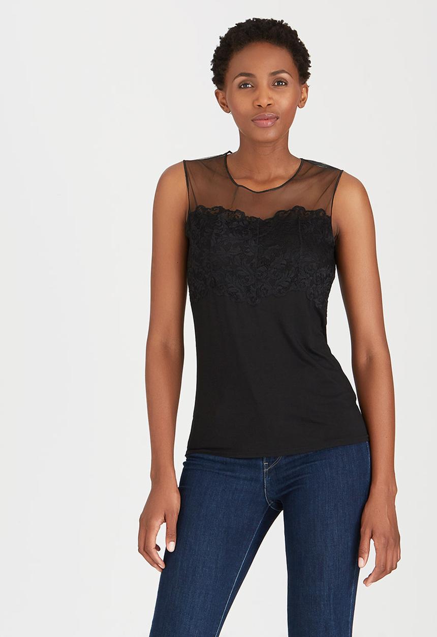 cath.nic - Sleeveless Lace and Mesh Knit Top Black