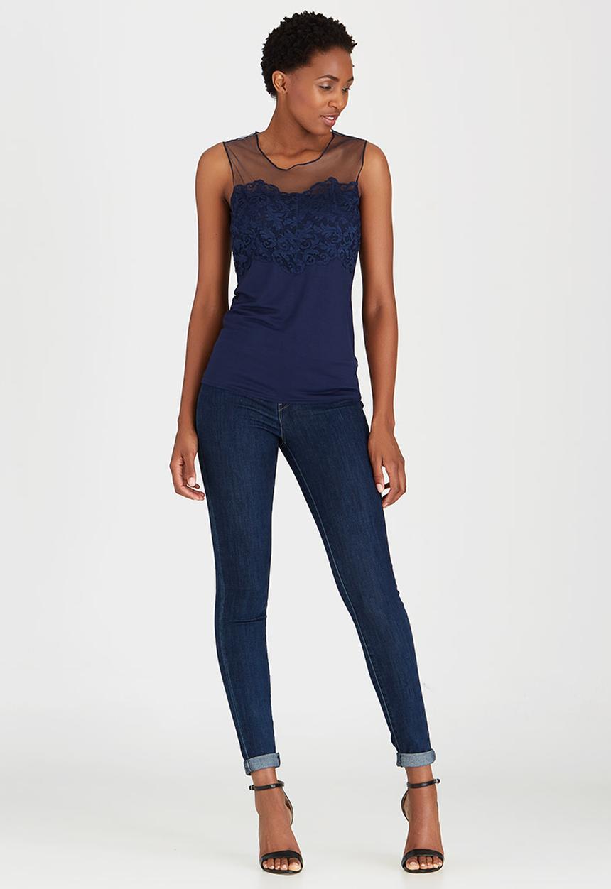 cath.nic - Sleeveless Lace and Mesh Knit Top Navy