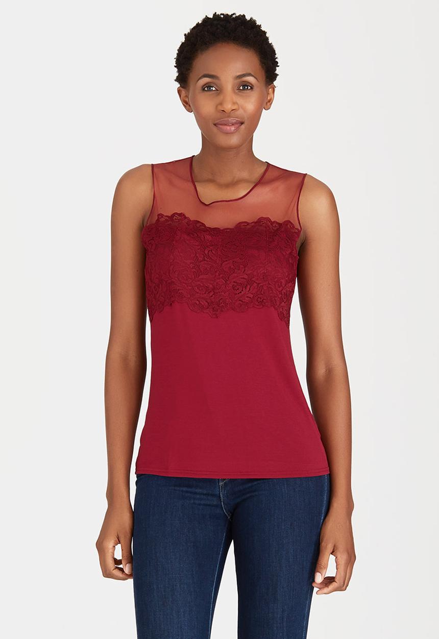 cath.nic - Sleeveless Lace and Mesh Knit Top Dark Red