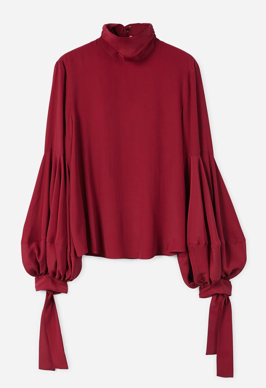 MANGO - Puffed Sleeves Silk Blouse Red