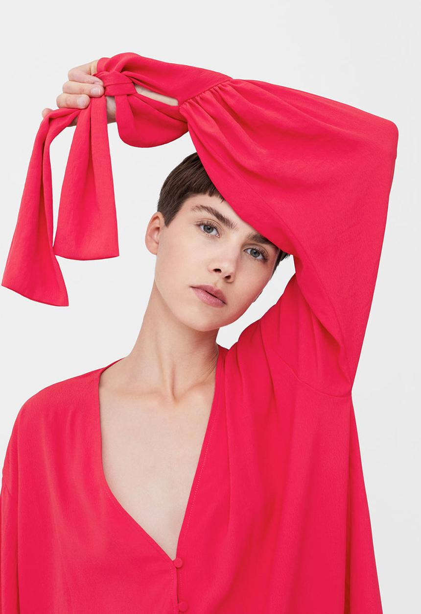 MANGO - Tie-fastening Cuffs Blouse Mid Pink