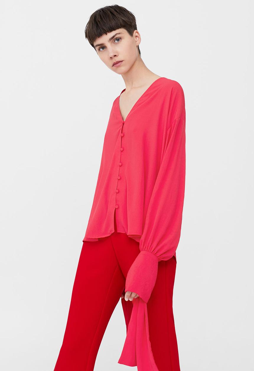 MANGO - Tie-fastening Cuffs Blouse Mid Pink