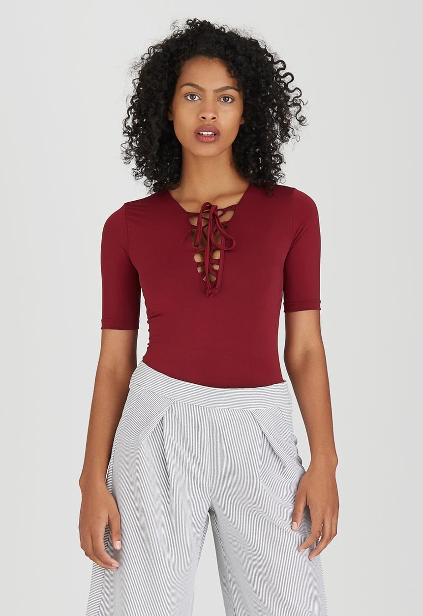 STYLE REPUBLIC - Lace-up Bodysuit Dark Red