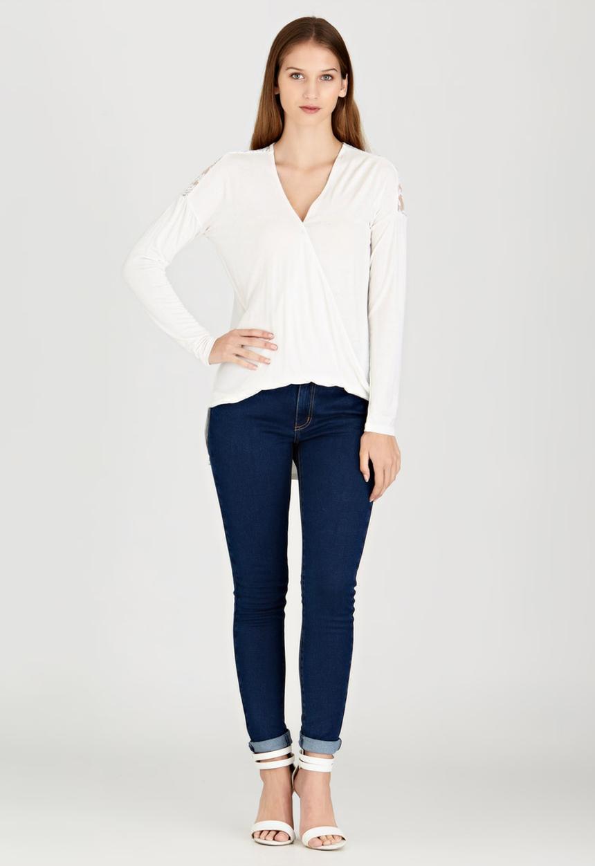 edit - Front Wrap-over Top with Lace Insets Milk