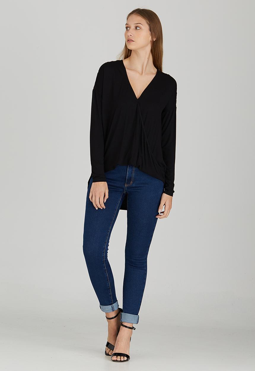 edit - Front Wrap-over Top with Lace Insets Black