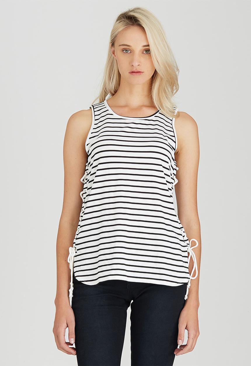 Brave Soul - Striped Tee with Tie Side Detail Black and White