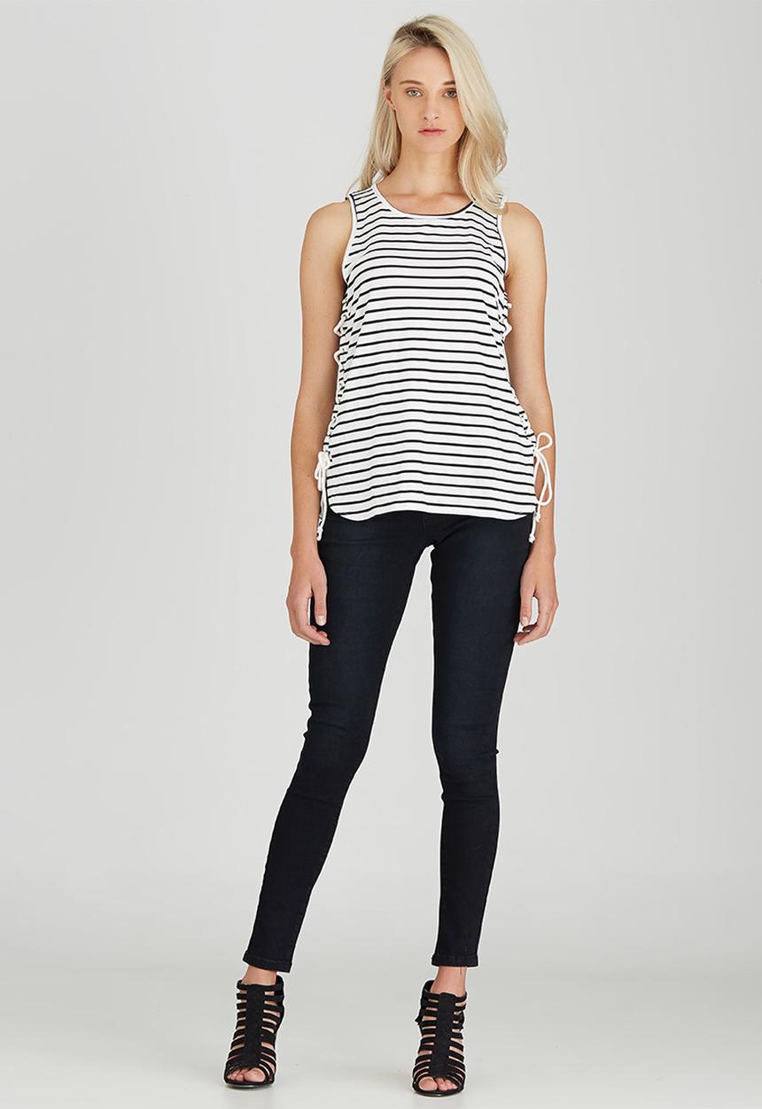 Brave Soul - Striped Tee with Tie Side Detail Black and White