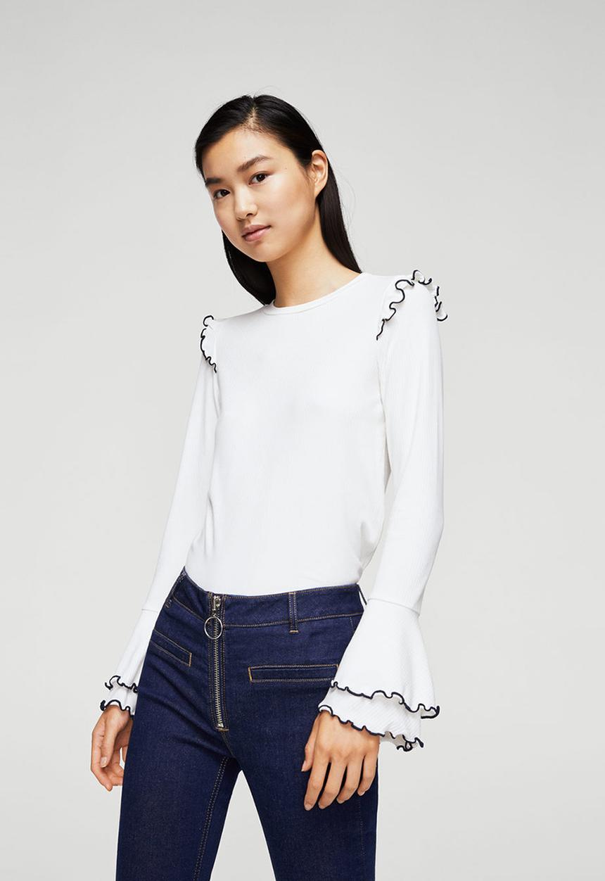 MANGO - Ruffles Ribbed T-shirt White