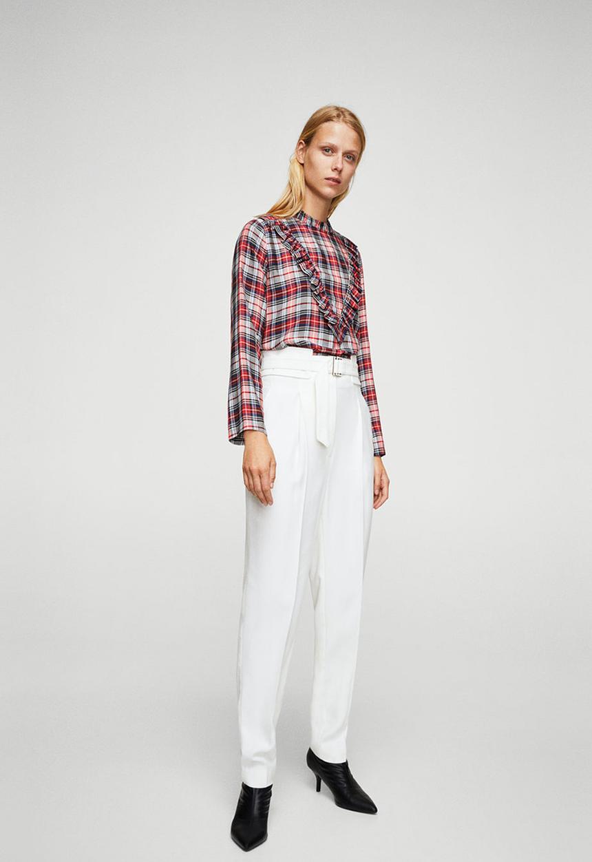 MANGO - Check Pattern Ruffled Blouse Red