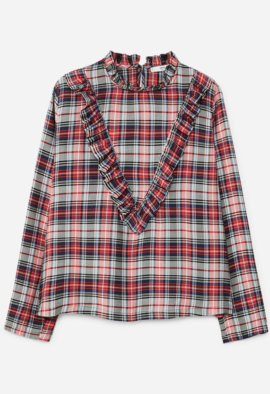 MANGO - Check Pattern Ruffled Blouse Red