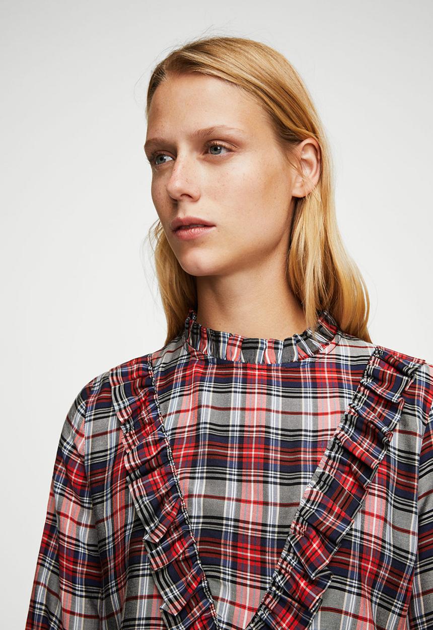 MANGO - Check Pattern Ruffled Blouse Red