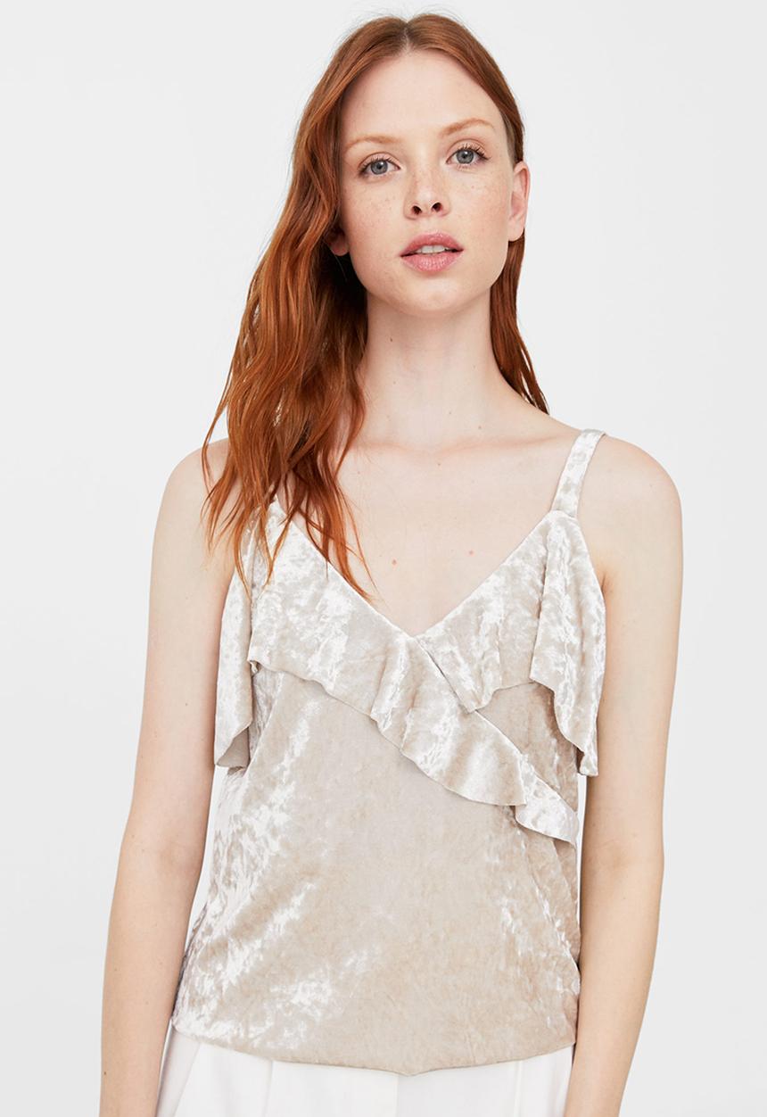MANGO - Ruffled Velvet Cami Beige