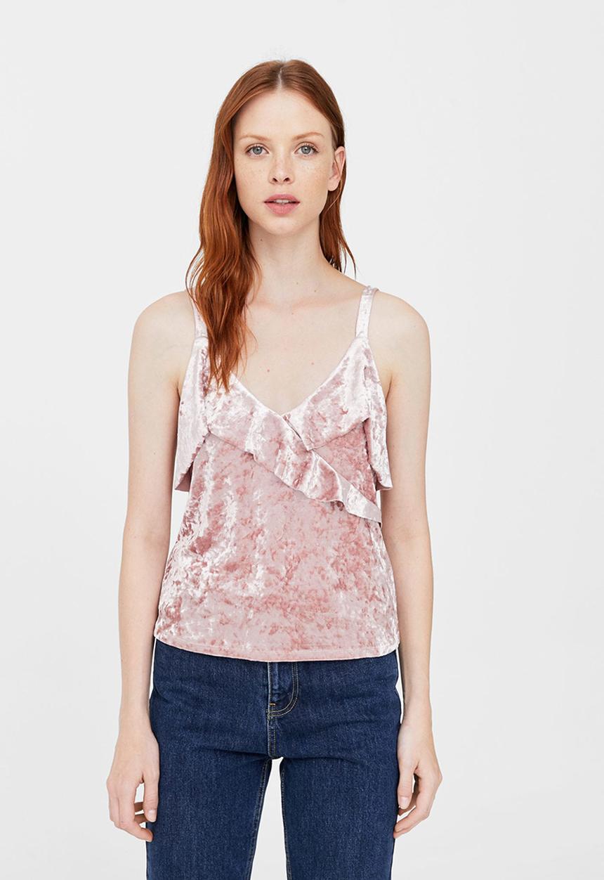 MANGO - Ruffled Velvet Cami Mid Pink