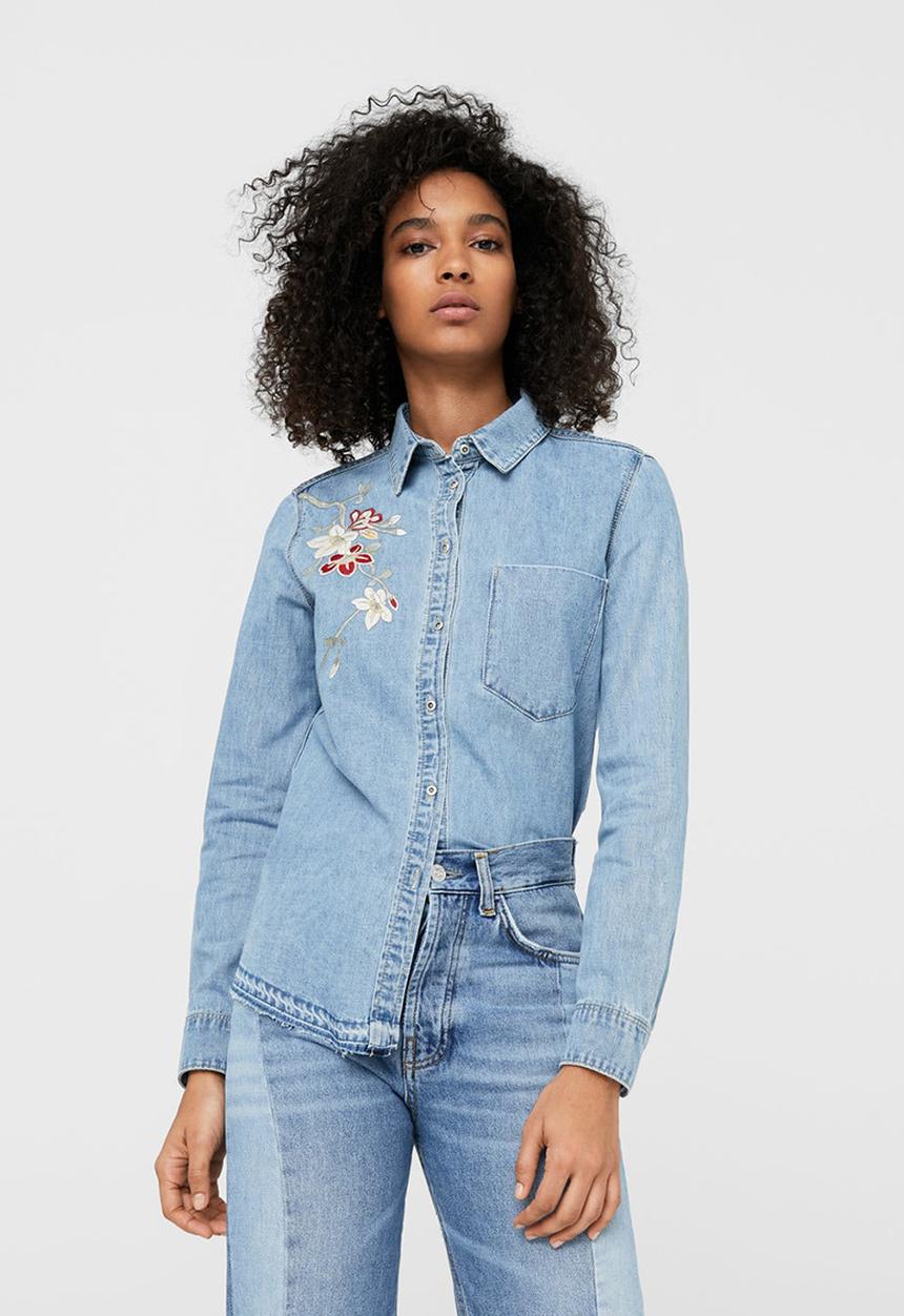 MANGO - Embroidered Denim Shirt Pale Blue