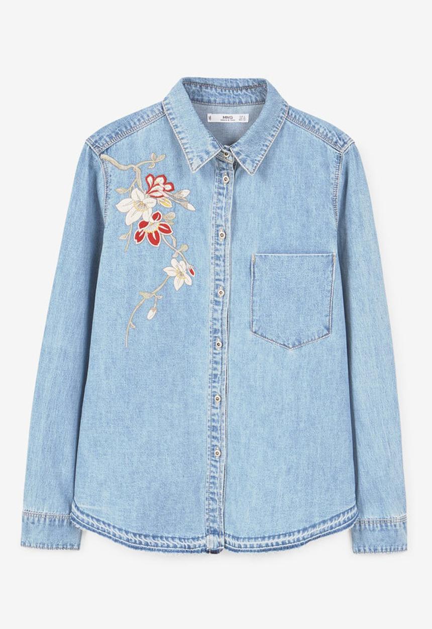 MANGO - Embroidered Denim Shirt Pale Blue