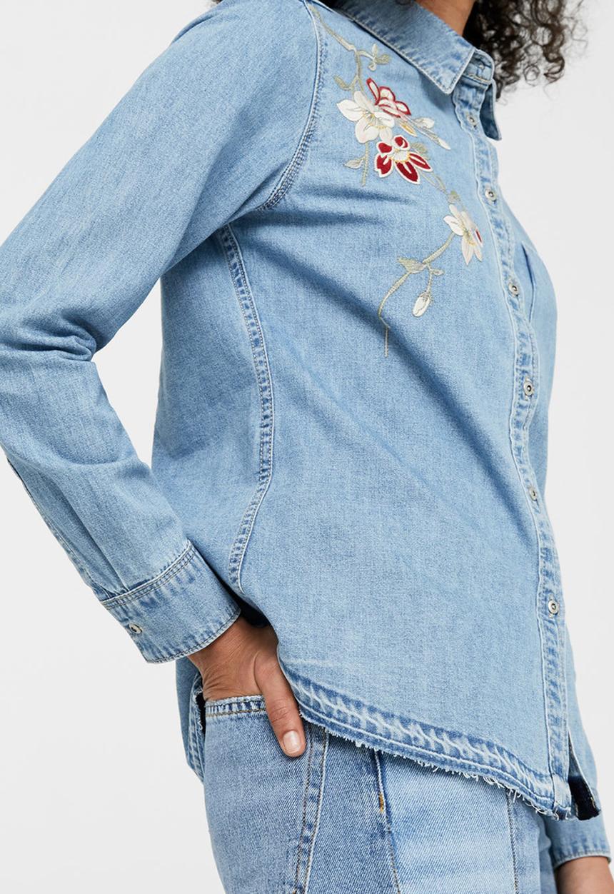 MANGO - Embroidered Denim Shirt Pale Blue