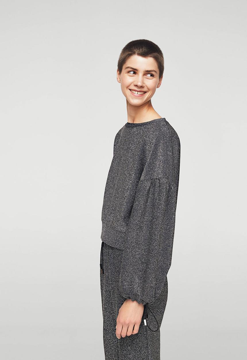 MANGO - Glitter Puffed Sleeves Blouse Silver