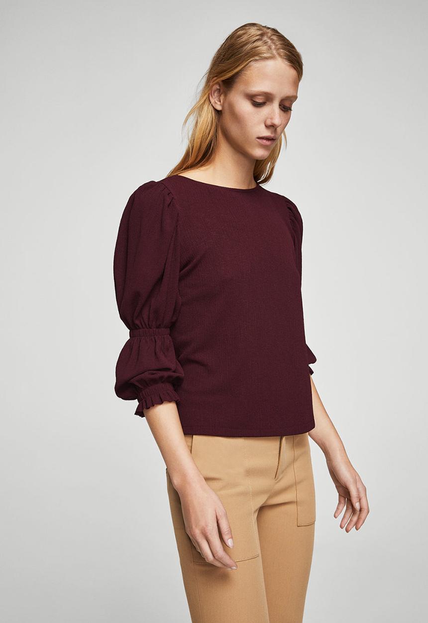 MANGO - Ruched Detail T-shirt Maroon