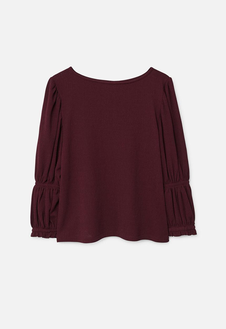 MANGO - Ruched Detail T-shirt Maroon