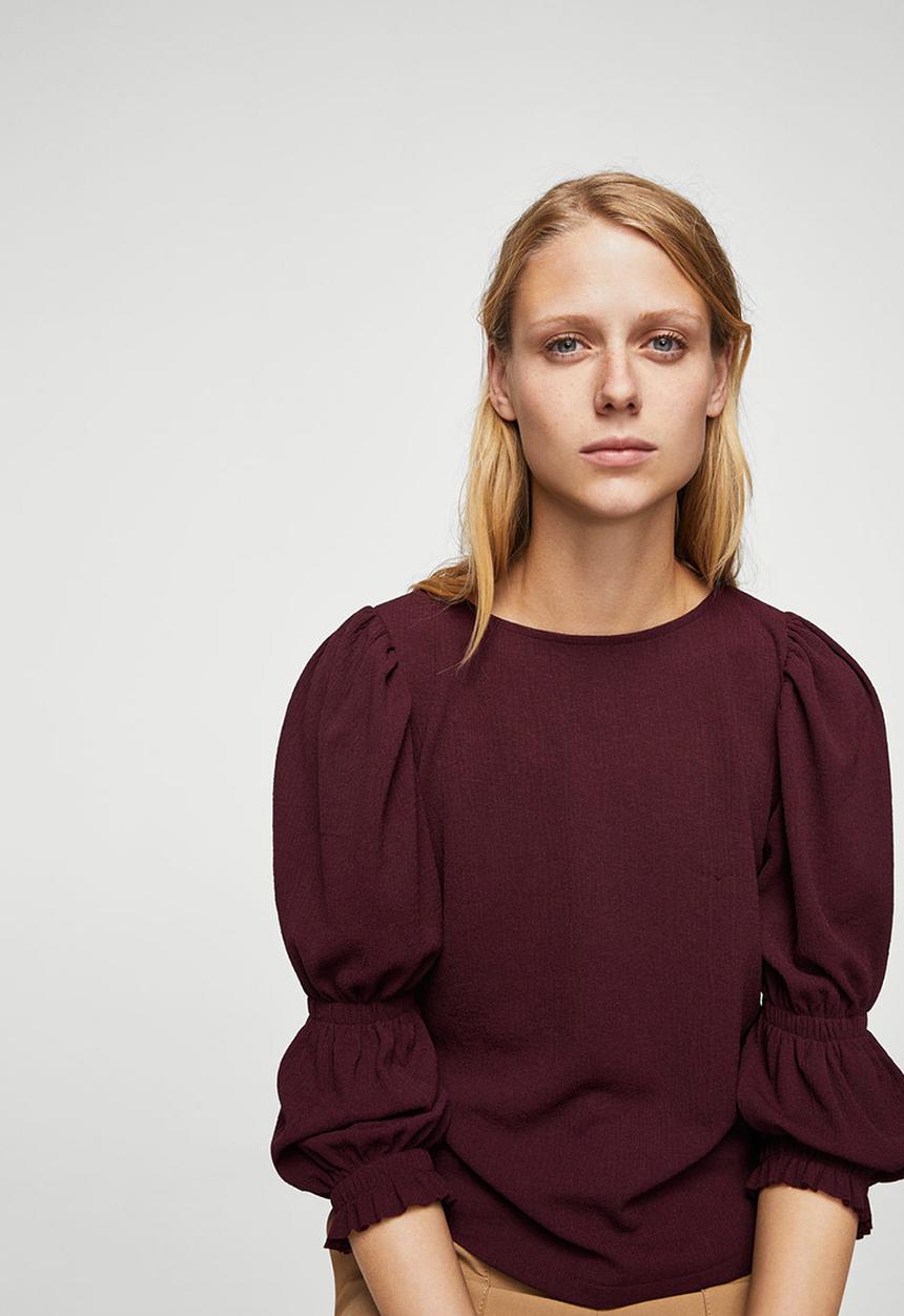 MANGO - Ruched Detail T-shirt Maroon