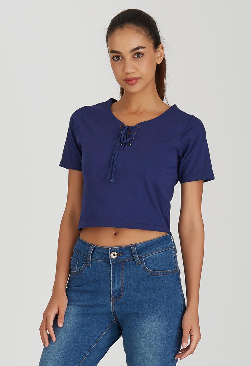 Brave Soul - Crop Tee with Tie Front Detail Navy