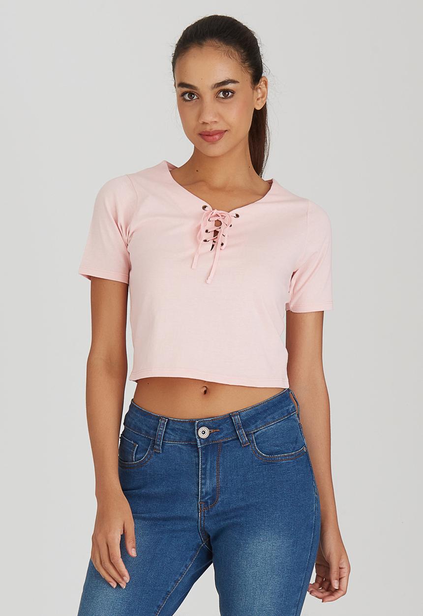 Brave Soul - Crop Tee with Tie Front Detail Pale Pink