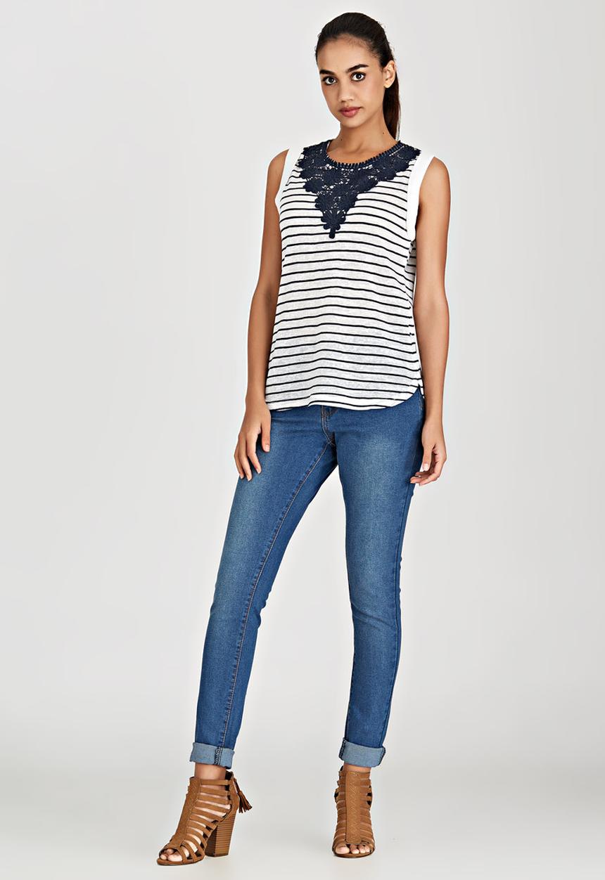 Brave Soul - Stripe Vest with Crochet Panel Blue and White