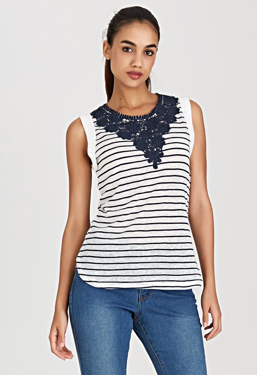 Brave Soul - Stripe Vest with Crochet Panel Blue and White