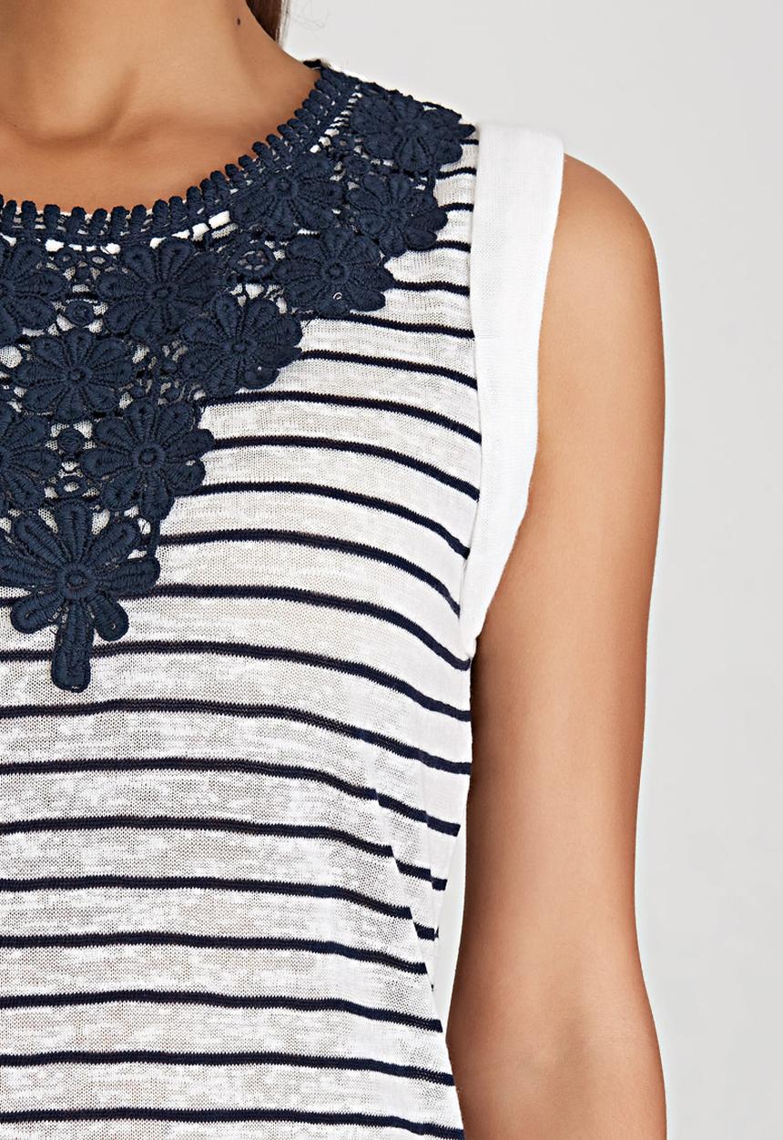 Brave Soul - Stripe Vest with Crochet Panel Blue and White