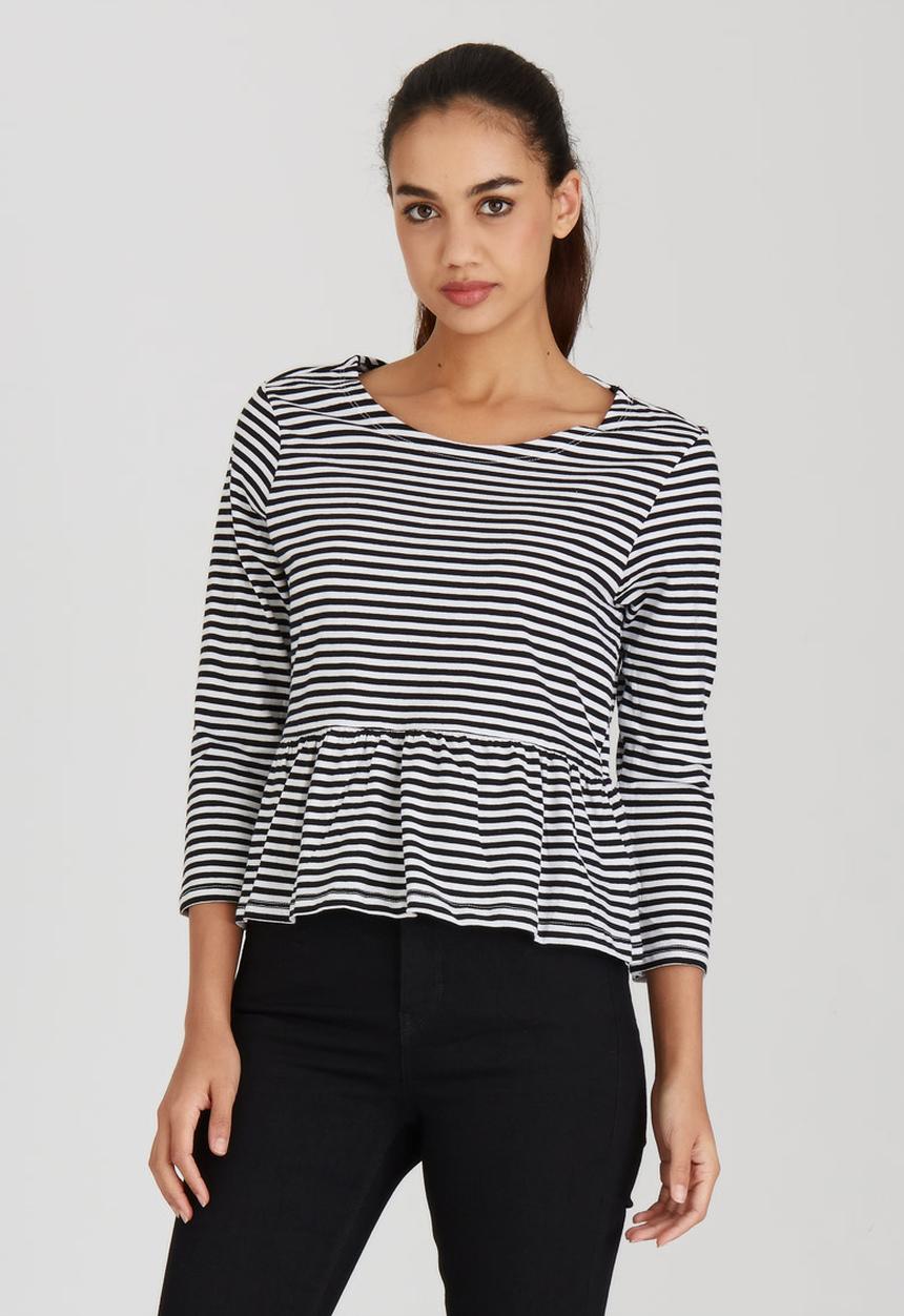 Brave Soul - Stripe Peplum Top Black and White