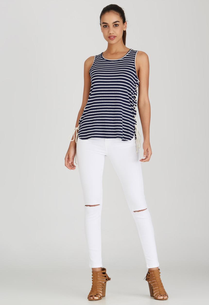 Brave Soul - Striped Tee with Tie Side Detail Blue and White