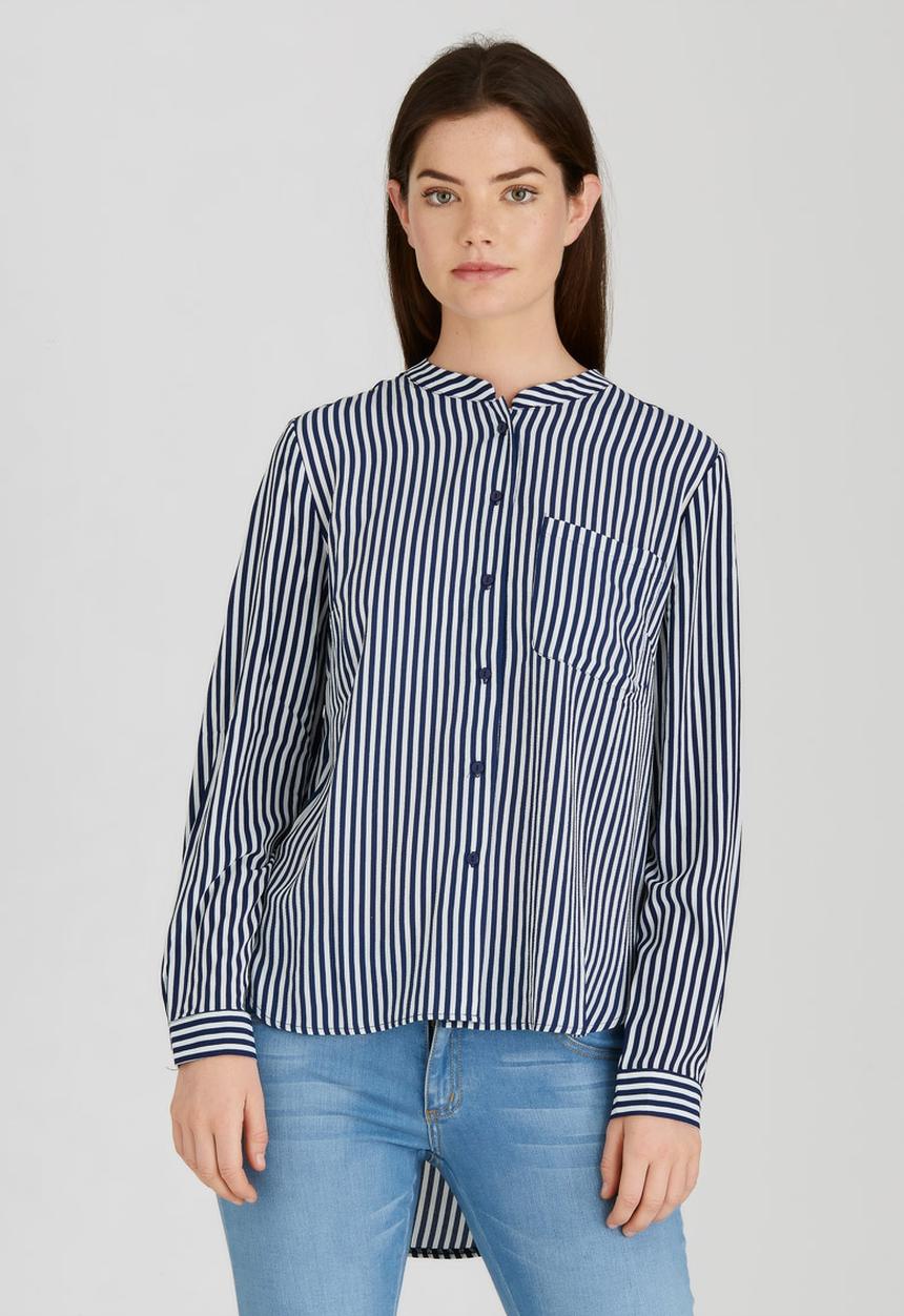 Brave Soul - Mandarin Collar Stripe Shirt Navy