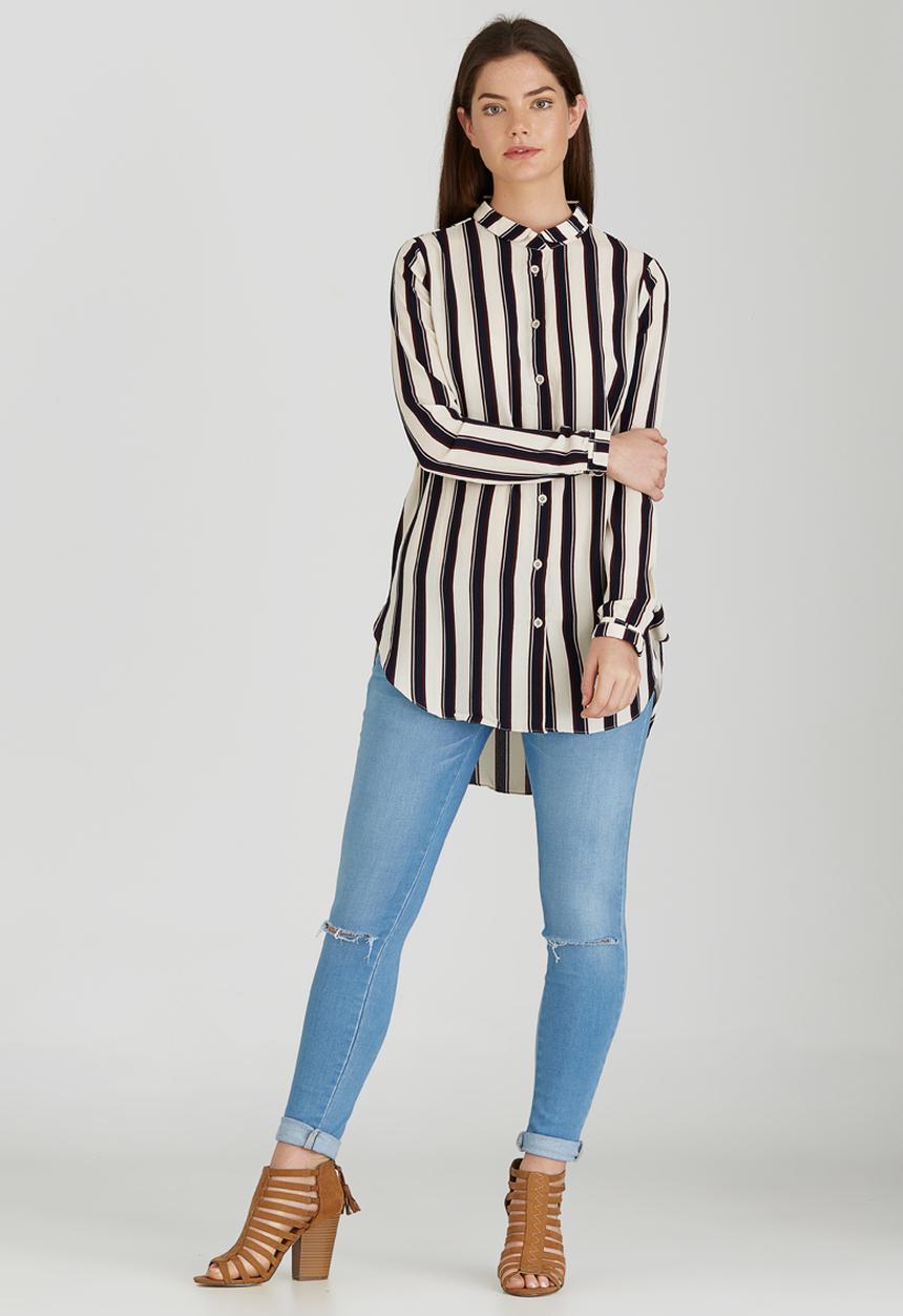 Brave Soul - Longer Length Broad Stripe Shirt Navy
