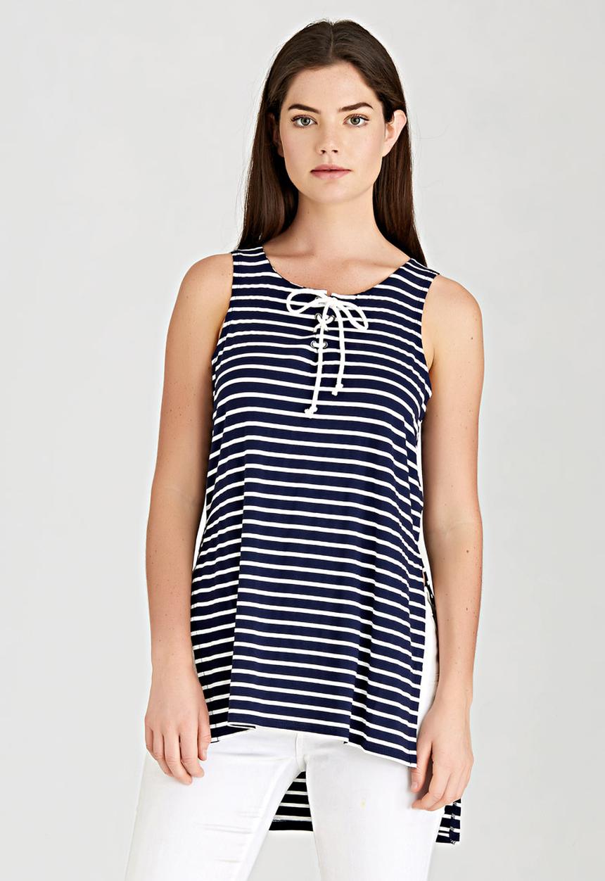 Brave Soul - Longline Striped Tank Blue and White